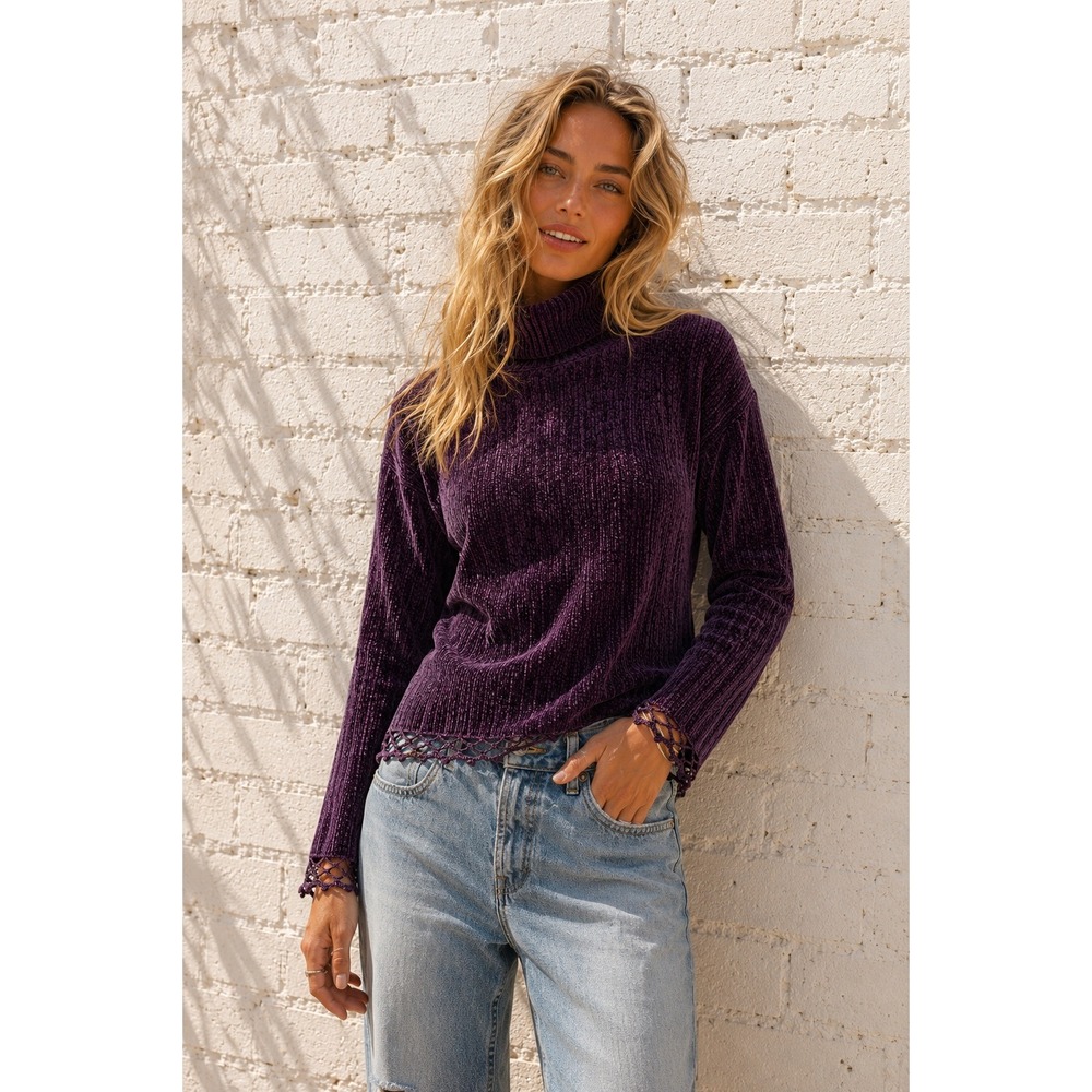 Vintage Coldwater Creek Purple Chenille Sweater Crochet Trim‎ Turtleneck Small